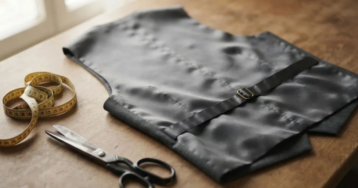 The satin back panel of a grey waistcoat laid on a wooden cutting table, showing the adjustable cloth strap and metal buckle set across the waist, with a measuring tape and scissors beside it