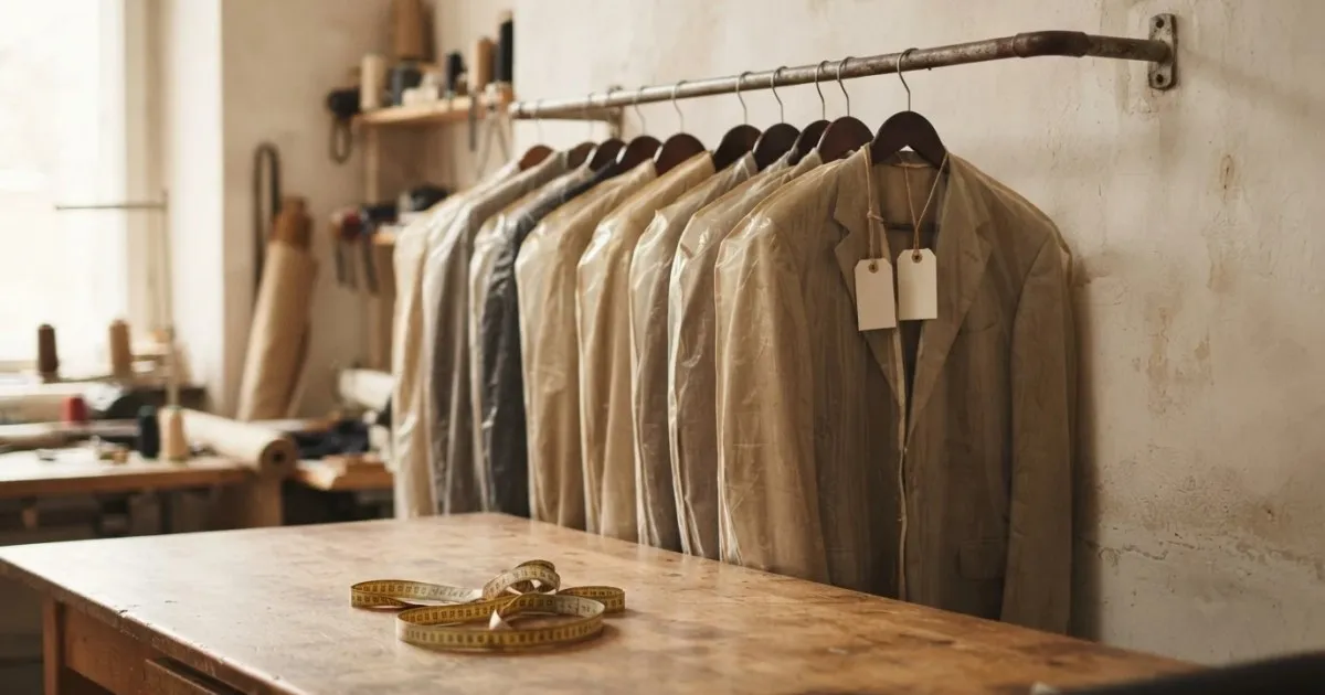 Finished garments in protective covers hanging on a workshop rail, each with a blank paper tag tied to the hanger, with a measuring tape on the work table in front