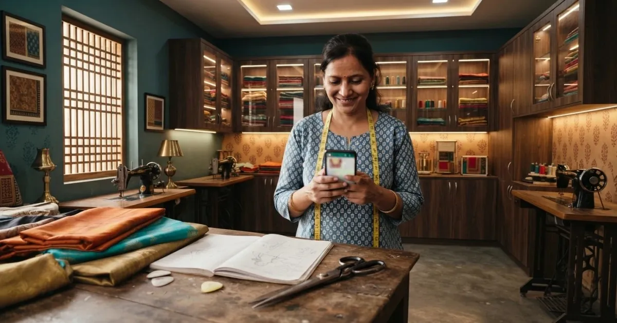 Tailor shop owner reading a customer's order on her phone at the cutting table
