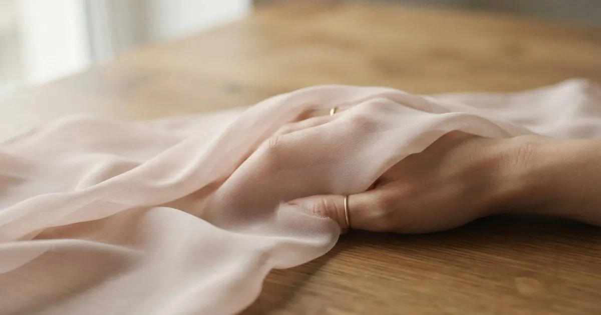A length of sheer pale blush georgette draped over the back of a hand on a wooden table, falling in soft rounded folds, the counter test for drape